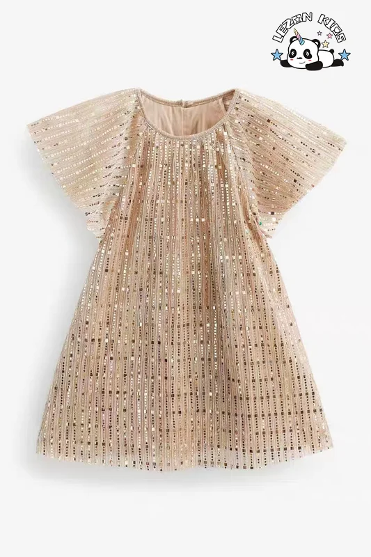 LEZONKIDS - Customizable High Quality Pretty Glitter Kids Dress Princess Dress Short Sleeves Angel Sequin Girls Dress